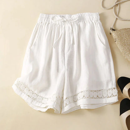 Cardydony Women's Retro Solid Color Lace Elastic Waist Cotton And Linen Shorts