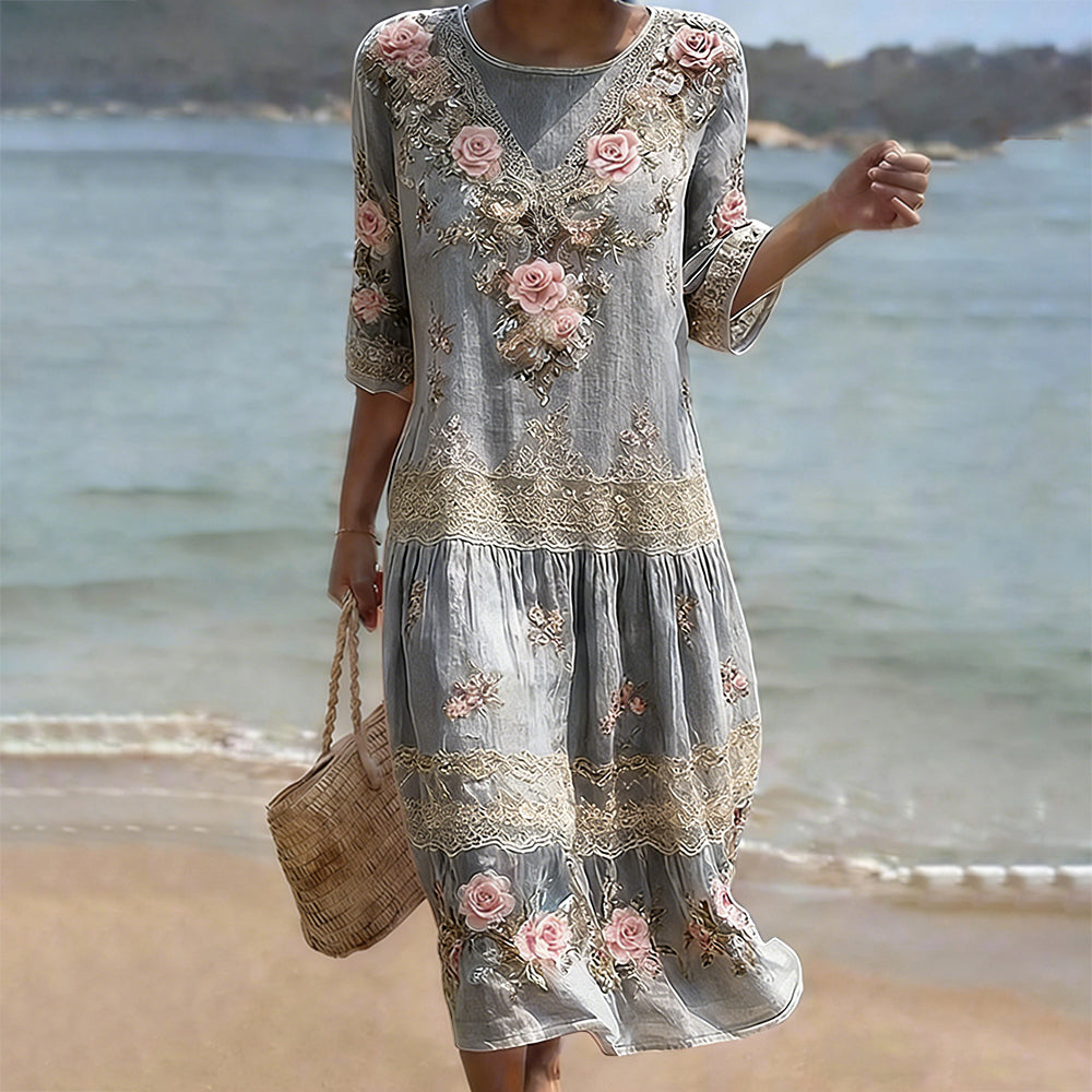 Cardydony Women's Vintage Pink Flower Embroidery Art Midi Dress