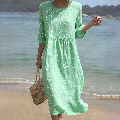 Cardydony Women's Casual Round Neck Mid Sleeve Print Cotton And Linen Dress