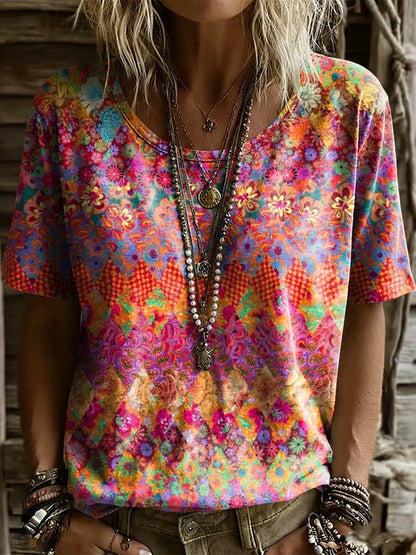Cardydony Women's Vintage Tribal Gradient Pattern Print Short Sleeved T-shirt