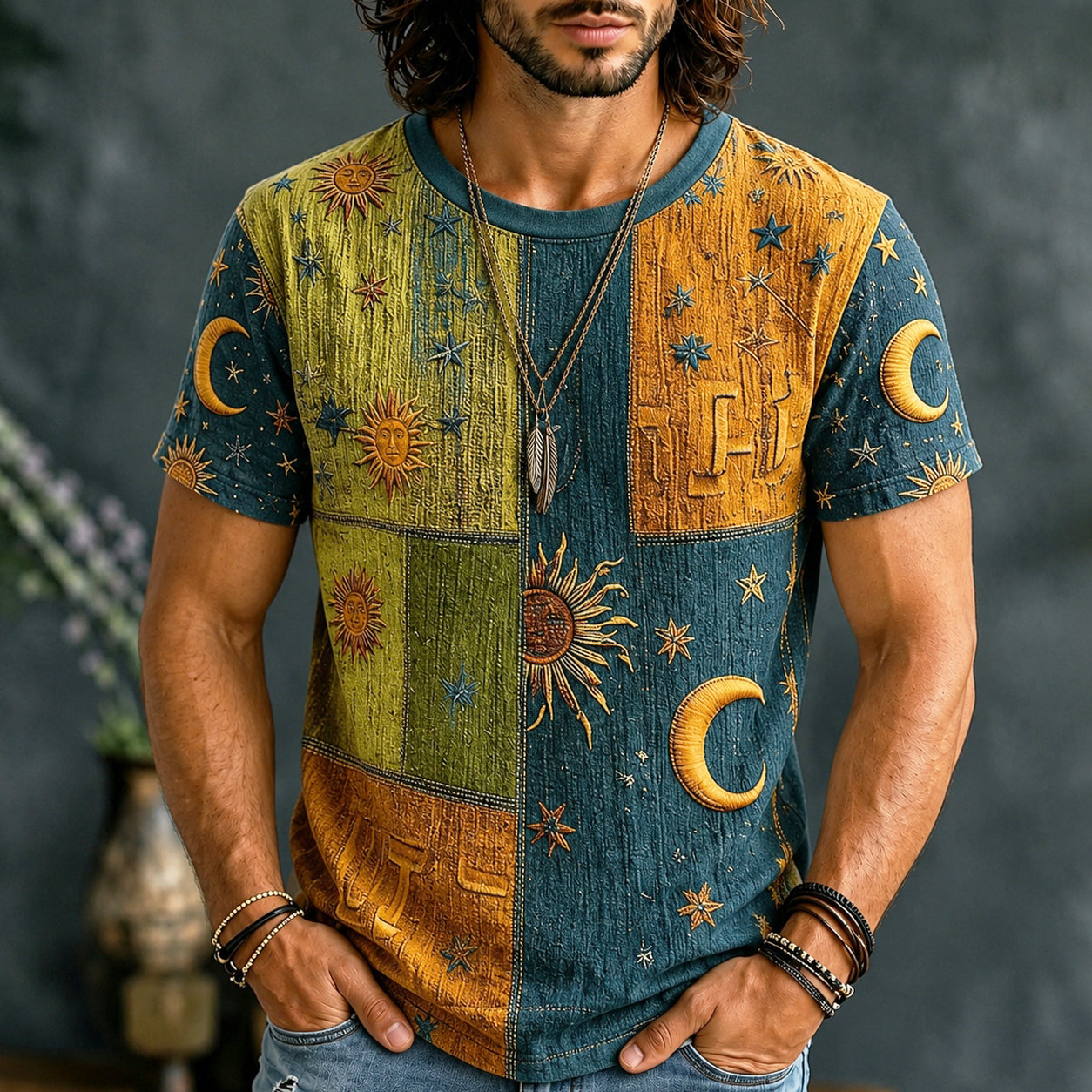 Cardydony Men's Mysterious Sun Moon Boho Hippie Patchwork Print T-shirt
