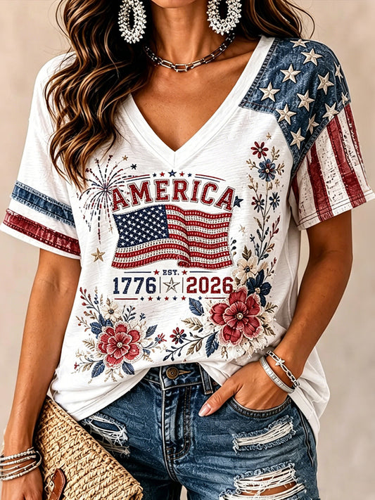 Cardydony Women's Independence Day With Floral Casual V-neck T-shirt