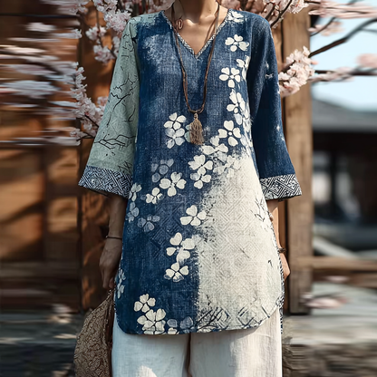 Cardydony Japanese Art Retro Style Cherry Blossom Pattern Women's V-neck Top