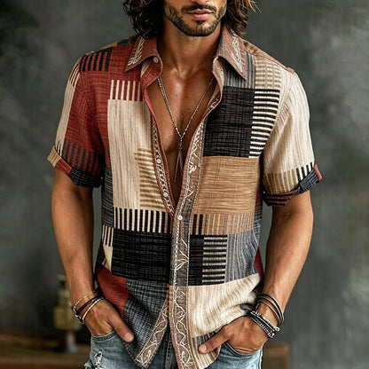 Cardydony Men's Vintage Abstract Geometric Pattern Casual Cotton Shirt