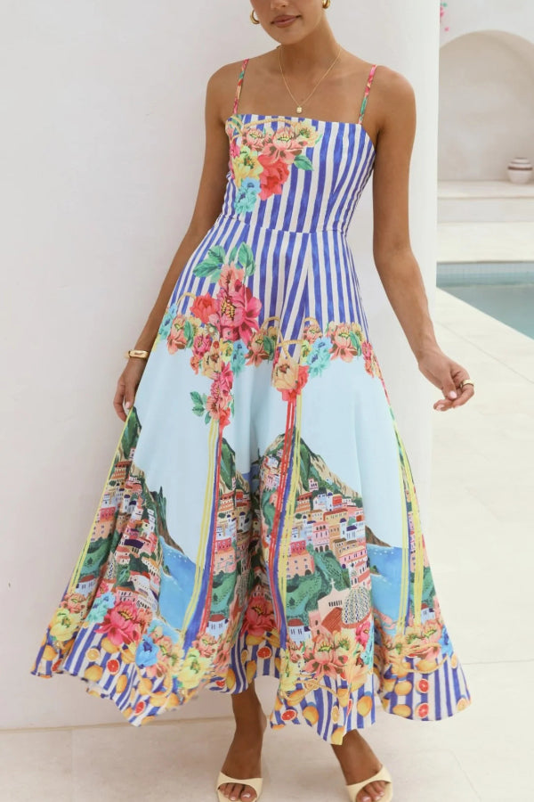 Cardydony Women's Unique Printed Spaghetti Strap Square Neck Casual Holiday Maxi Dress