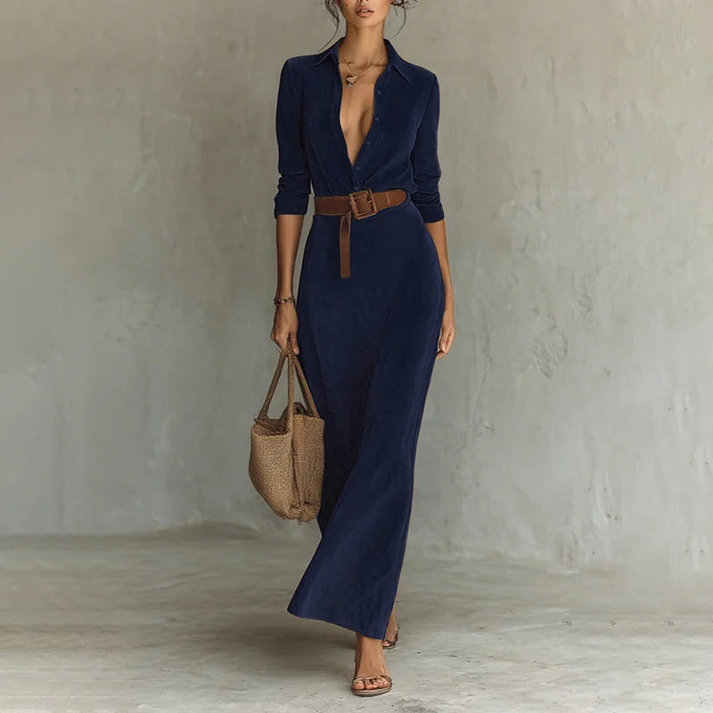 Cardydony Women's Retro Suede Waist-cinching Long Dress With Belt