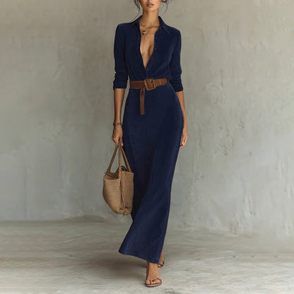 Cardydony Women's Retro Suede Waist-cinching Long Dress With Belt