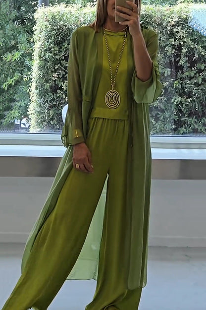 Cardydony Women's Solid Color Long Cardigan + Round Neck Casual Top and Elastic Waist Wide Leg Pants Three-piece Set