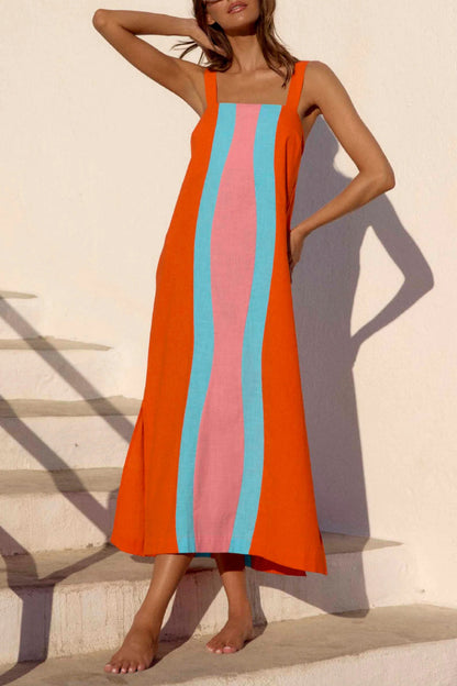 Cardydony Women's Fashionable Color-blocked Printed Square Neck Sleeveless Vacation-style Maxi Dress