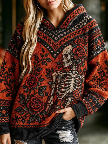 Cardydony Halloween Skull And Rose Knit Jacquard Comfortable Warm Women's Sweater
