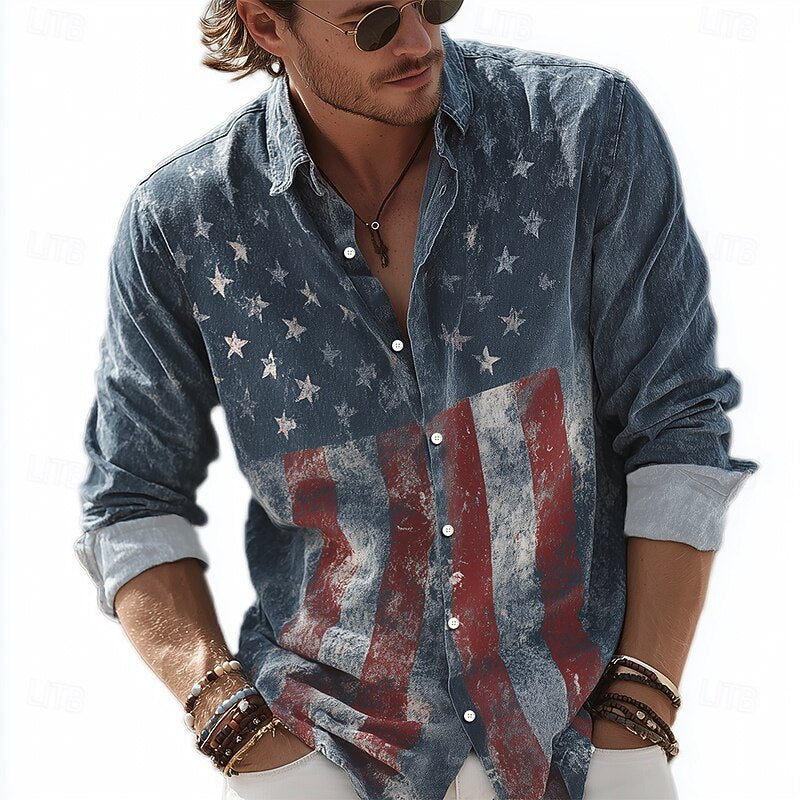 Cardydony Men's American Us Flag Patriotic Print Cotton And Linen Long Sleeve Shirt