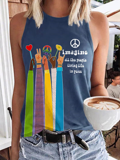 Cardydony Retro Hippie Imagine All The People Living Life In Peace Print Tank Top