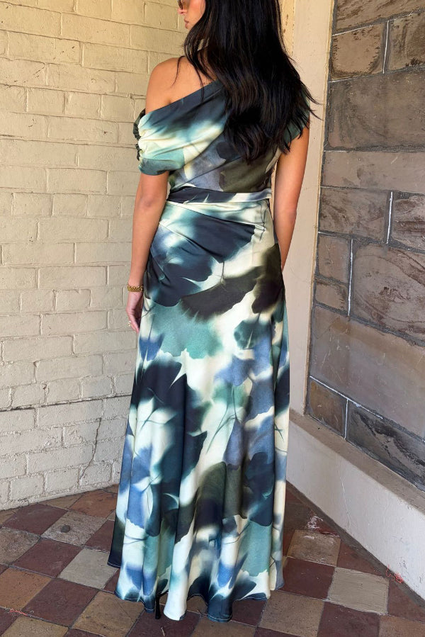 Cardydony Women's Unique Print Asymmetrical Off-Shoulder Pleated Waist Casual Maxi Dress