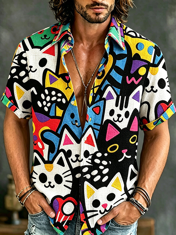 Cardydony Men's Cat Collection Hand Drawn Cartoon Colorful Cats Inspired Art Flowy Linen Blend Shirt