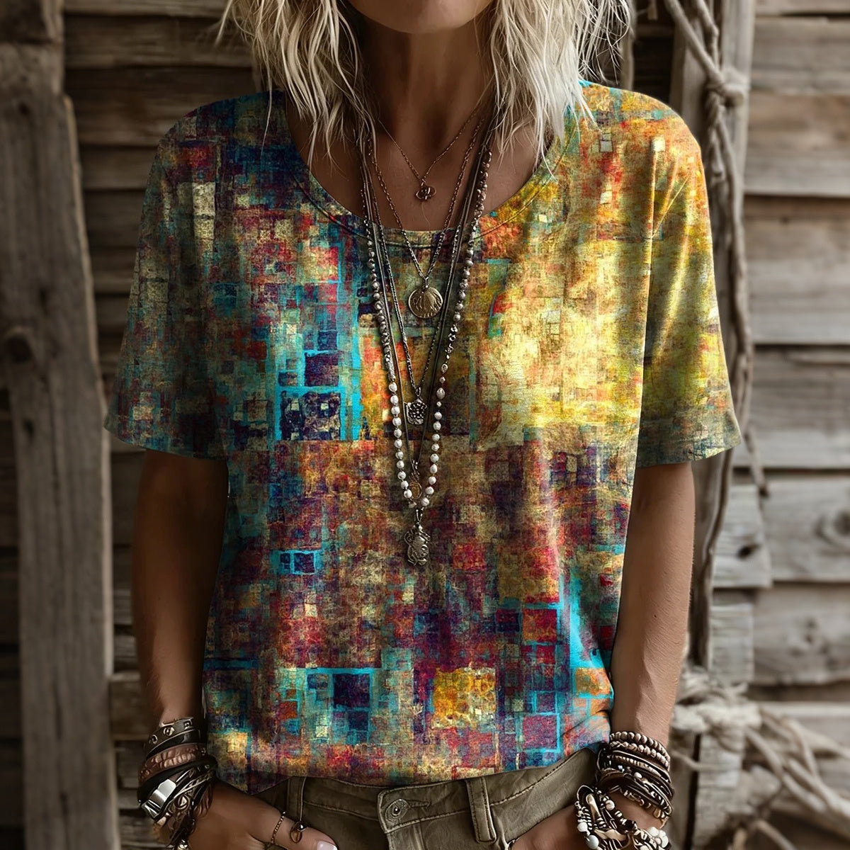 Cardydony Women's Retro Abstract Geometric Art Print Crew Neck Short Sleeve T-shirt