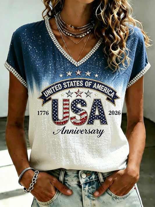 Cardydony Women's Independence Day Printed V Neck Casual Tops