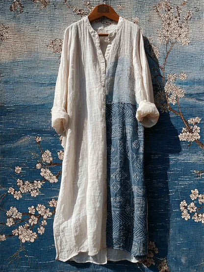 Cardydony Vintage Japanese Sashiko Patchwork Linen Maxi Shirt Dress