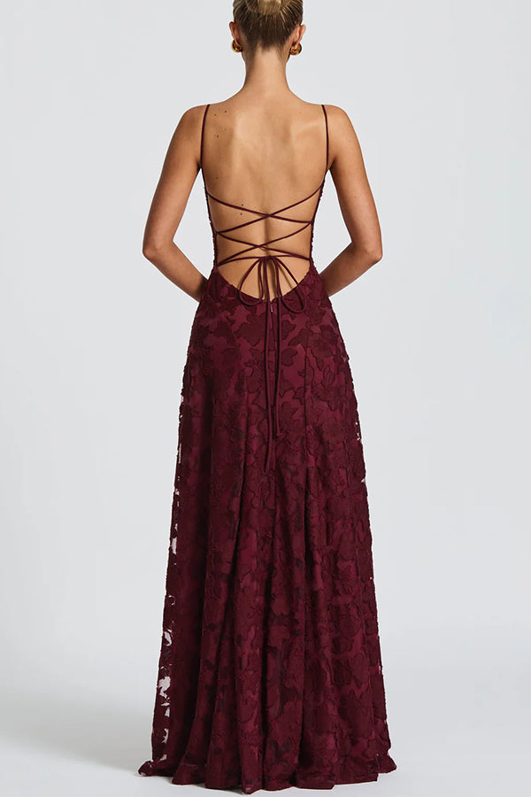 Cardydony Women's Francis Custom Floral Burnout Fabric Cowl Neck Back Lace-up Maxi Dress