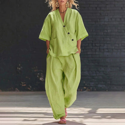 Cardydony Casual Solid Color V-neck Loose Short-sleeved Top And Trousers Two-piece Set