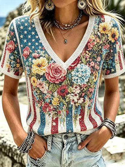 Cardydony Women's Us Anniversary Floral Art Casual Short Sleeve Top