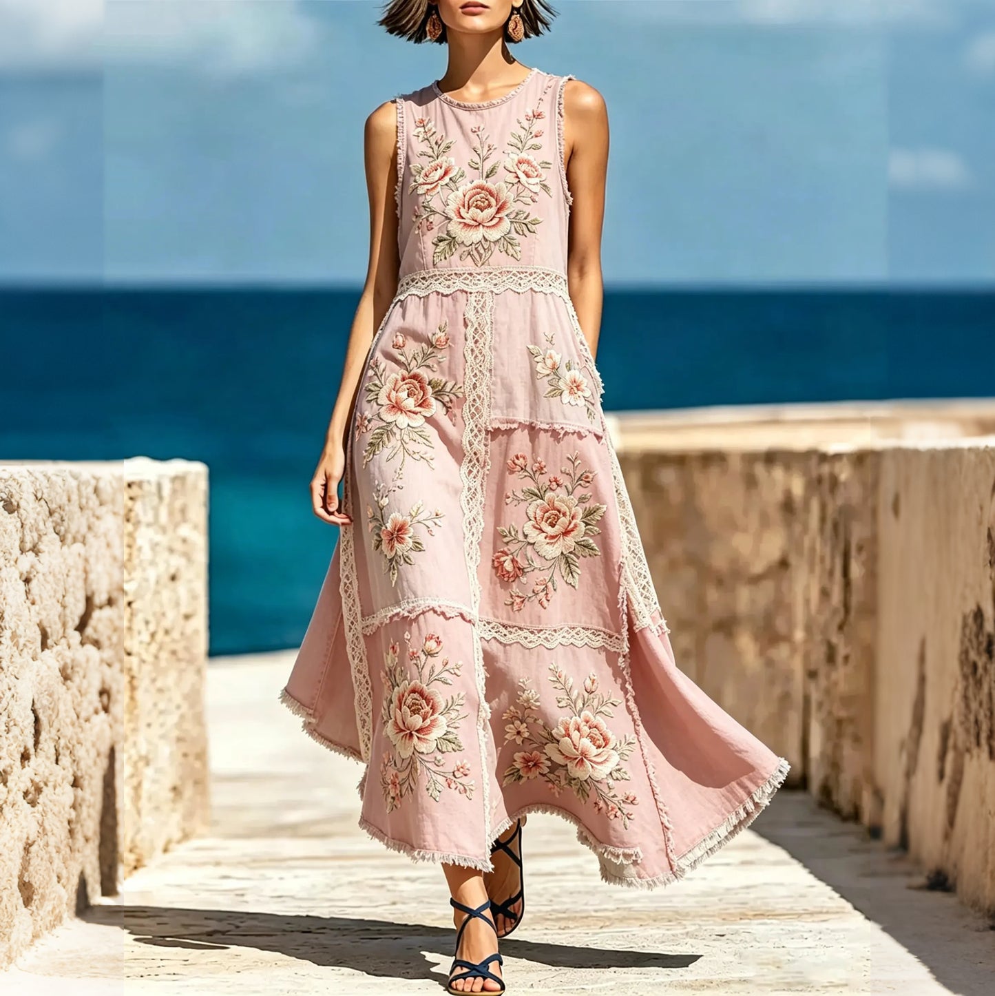 Cardydony Women's Lace Floral Patchwork Retro Cotton And Linen Vest Dress