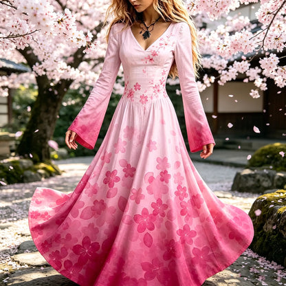 Cardydony Women's Retro Japanese Art Bohemian Cherry Blossom Print Dress
