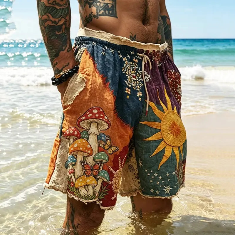 Cardydony Men's Hippie Sun With Psychedelic Mushrooms Patchwork Print Casual Shorts