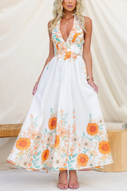 Cardydony Women's Sunflower Print V-neck Fitted Waist Elegant Maxi Dress