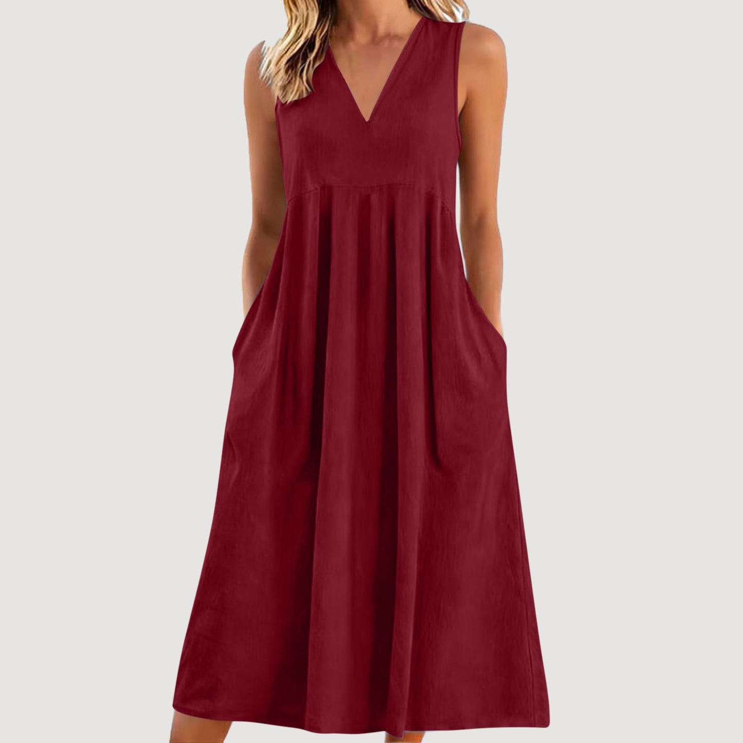 Cardydony Women's Solid Color V-neck Sleeveless Linen Blend Midi Dress