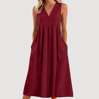 Cardydony Women's Solid Color V-neck Sleeveless Linen Blend Midi Dress