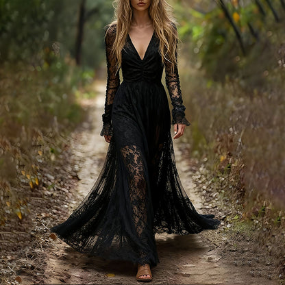Cardydony Women's Delicate Lace Hook And Lace Up Sides Maxi Dress