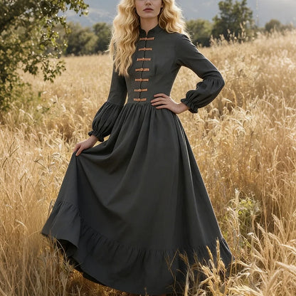 Cardydony Vintage Elegant Bell Sleeves Pleated Linen Maxi Dress