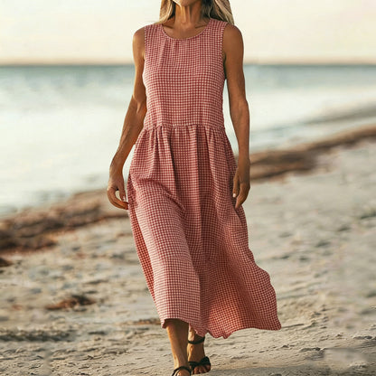 Cardydony Women's Plaid Pattern Linen Blend Sleeveless Dress