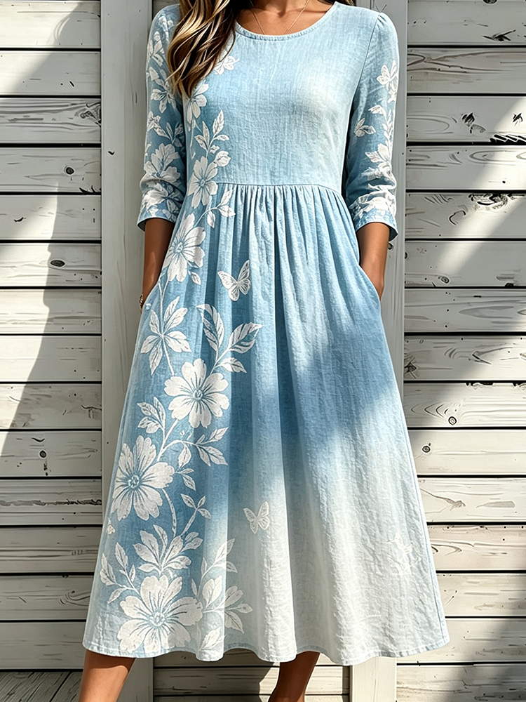 Cardydony Women's Long Sleeve Dress Featuring Botanical Floral Vine And Butterfly Print