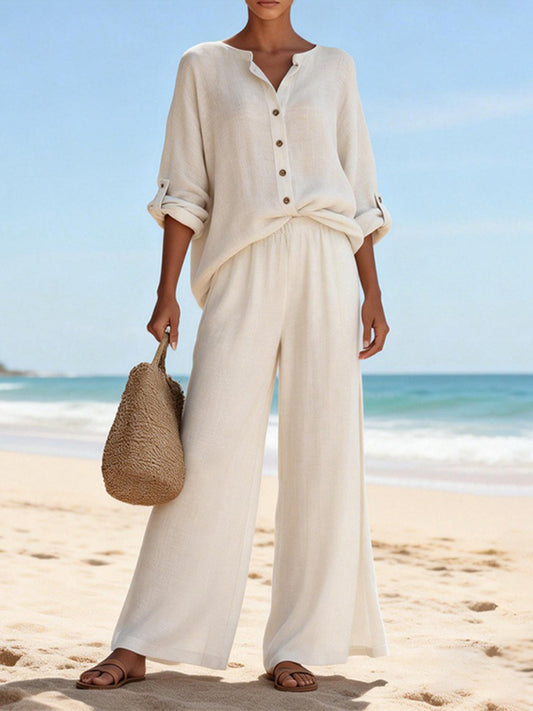 Cardydony Women's Vintage Solid Color Linen Shirt And Pants Two Piece Set