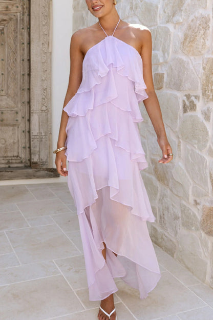 Cardydony Women's Solid Color Chiffon Halter Neck Elegant Ruffle Maxi Dress