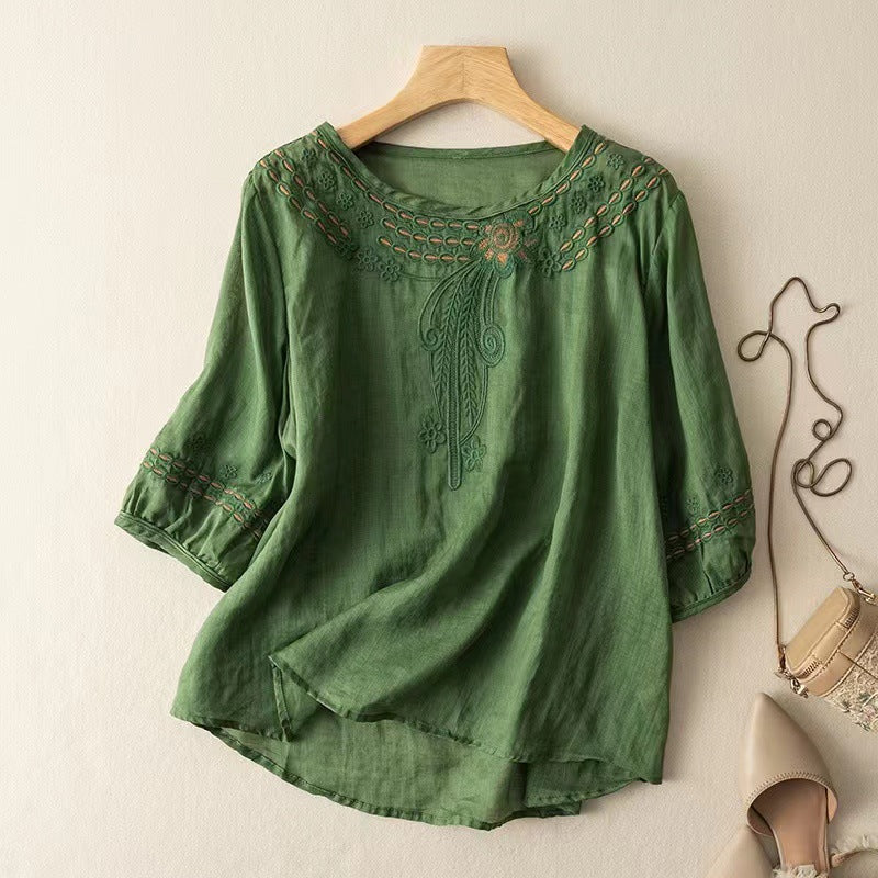 Cardydony Women's Casual Floral Embroidered Linen Blend Blouse