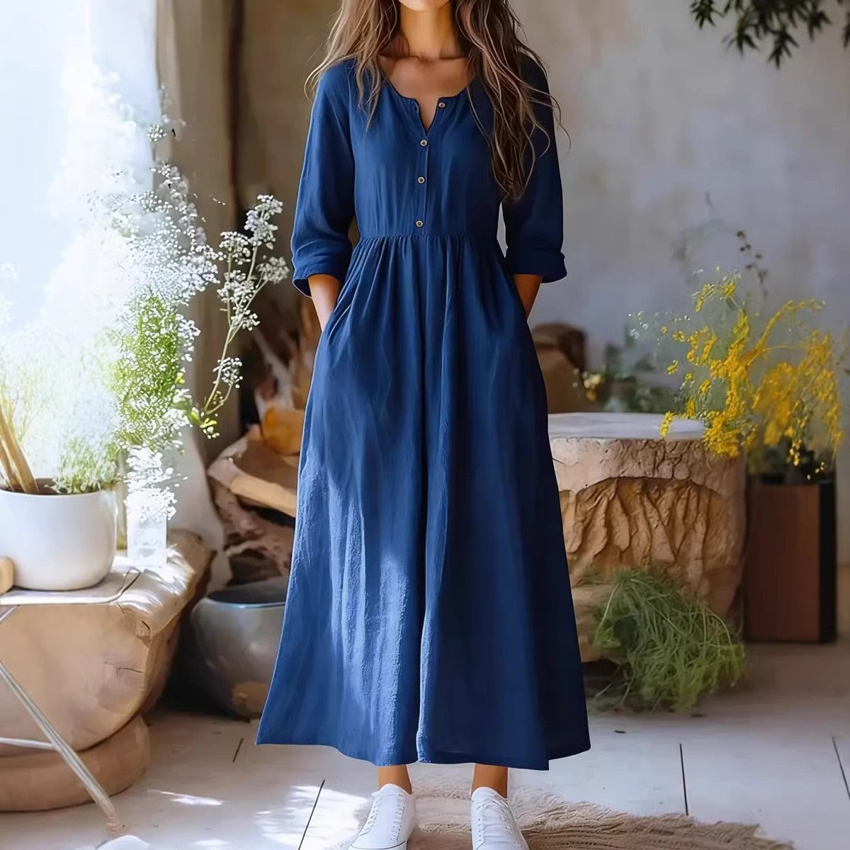 Cardydony Women's Solid Color Buttons Linen Blend Maxi Dress