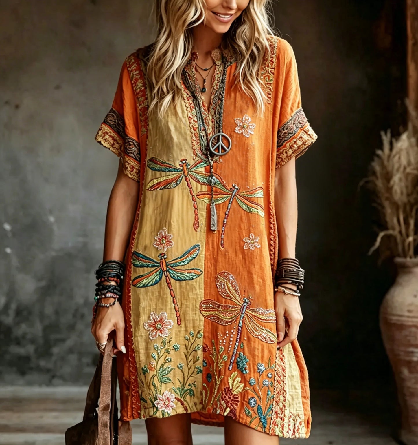 Cardydony Women's Vintage Hippie Floral And Dragonfly Pattern Art Embroidered Linen Blend Mini Dress