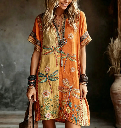 Cardydony Women's Vintage Hippie Floral And Dragonfly Pattern Art Embroidered Linen Blend Mini Dress
