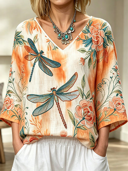 Cardydony Women's Vintage Floral Dragonfly Art Print Flowy Linen Blend Three-quarter Sleeve V Neck Linen Tops