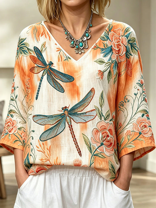 Cardydony Women's Vintage Floral Dragonfly Art Print Flowy Linen Blend Three-quarter Sleeve V Neck Linen Tops