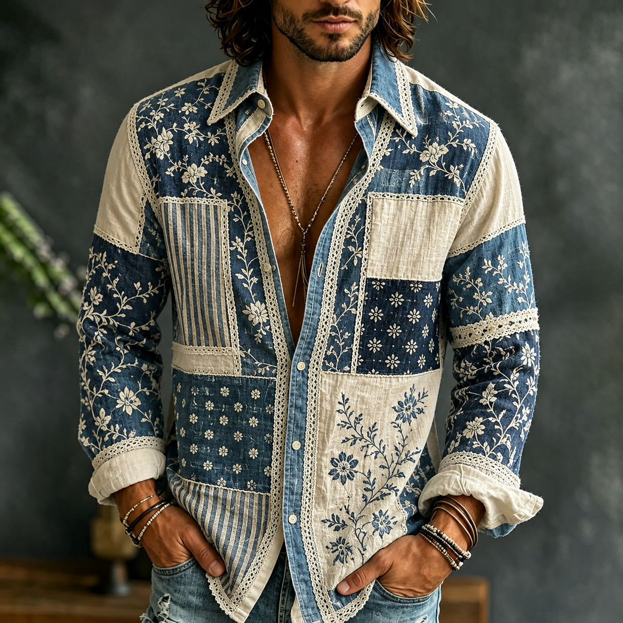 Cardydony Men's Vintage Floral Japanese Patchwork Art Print Flowy Linen Blend Casual Shirt