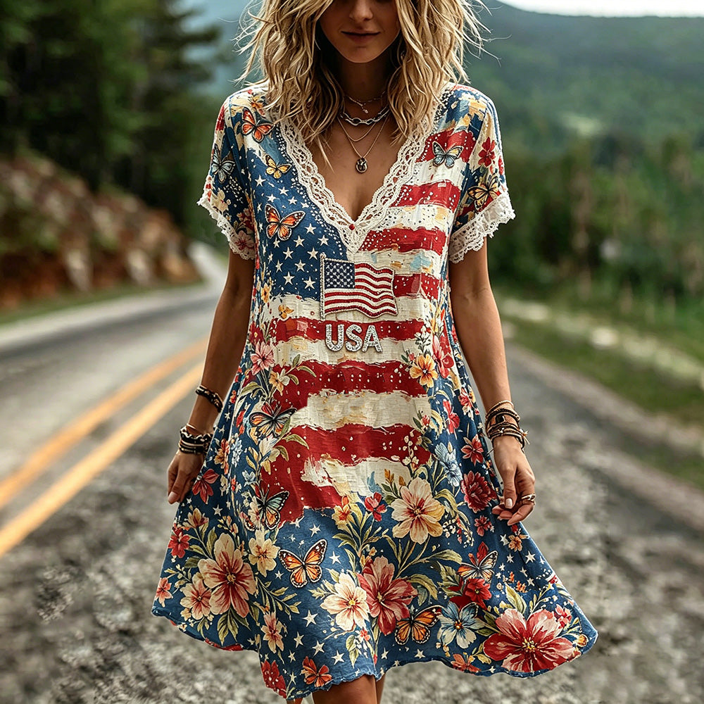 Cardydony Women's American Anniversary Art Distressed V-neck Dress