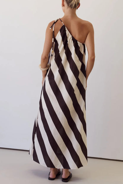 Cardydony Women's Fashionable Striped Print Loose One-shoulder Tie Vacation Maxi Dress