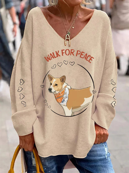 Cardydony Women's Retro Walk For Peace Aloka Dog Print V Neck Loose T-shirt