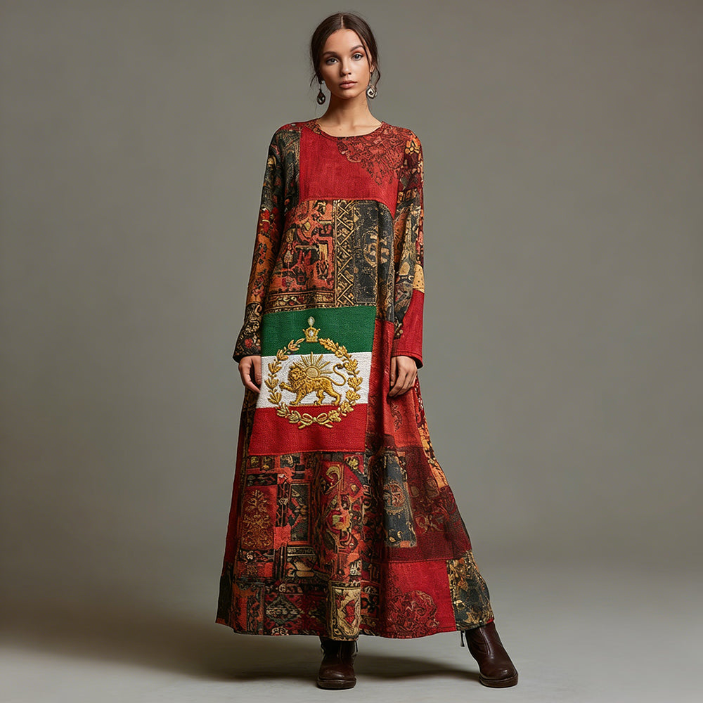Cardyodny Iran Persian Lion Persian Patchwork Linen Maxi Dress