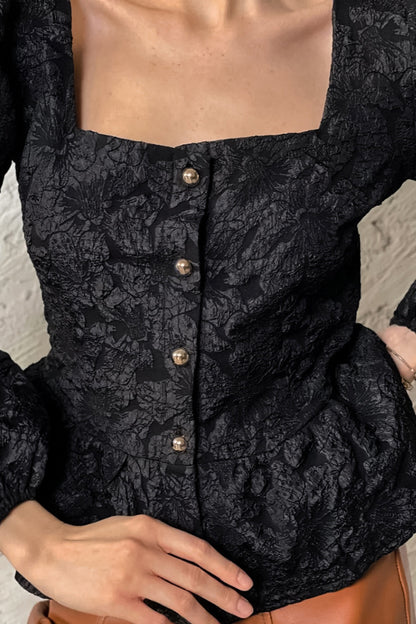 Cardydony Women's  Solid Color Jacquard Square Neck Puff Sleeve Elegant Button Top