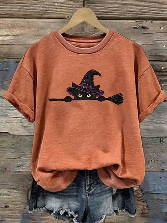 Cardydony Women's Funny Magic Wizard Black Cat Pattern Casual Halloween T-shirt