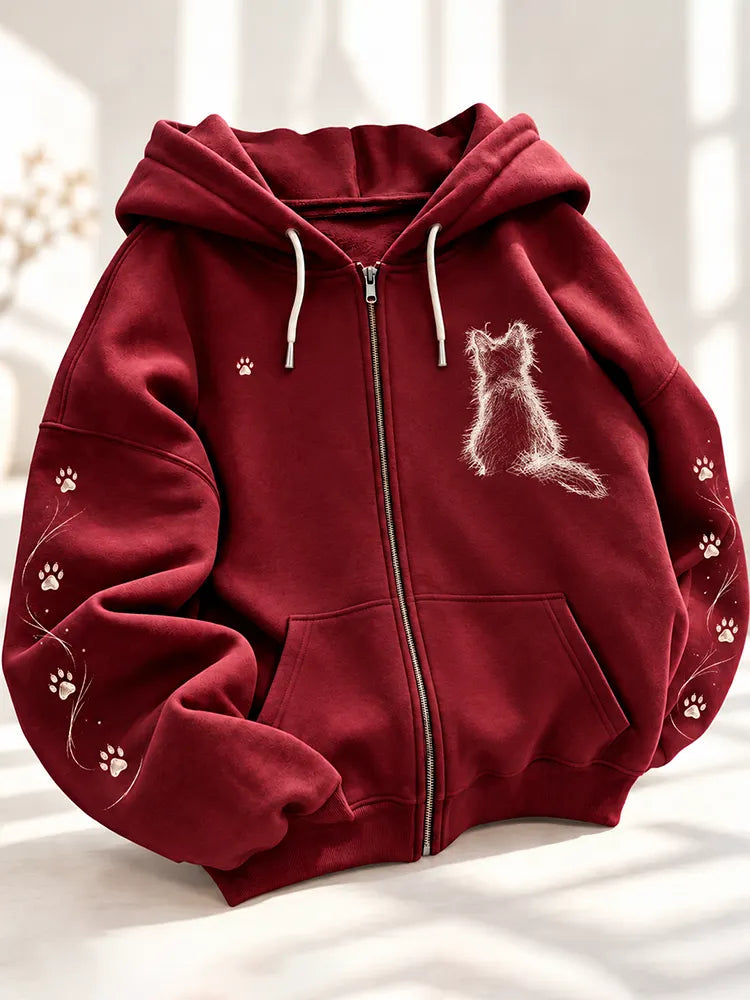 Cardydony Women's Burgundy Fuzzy Cat Silhouette And Paw Prints Zip-up Hooded Jacket